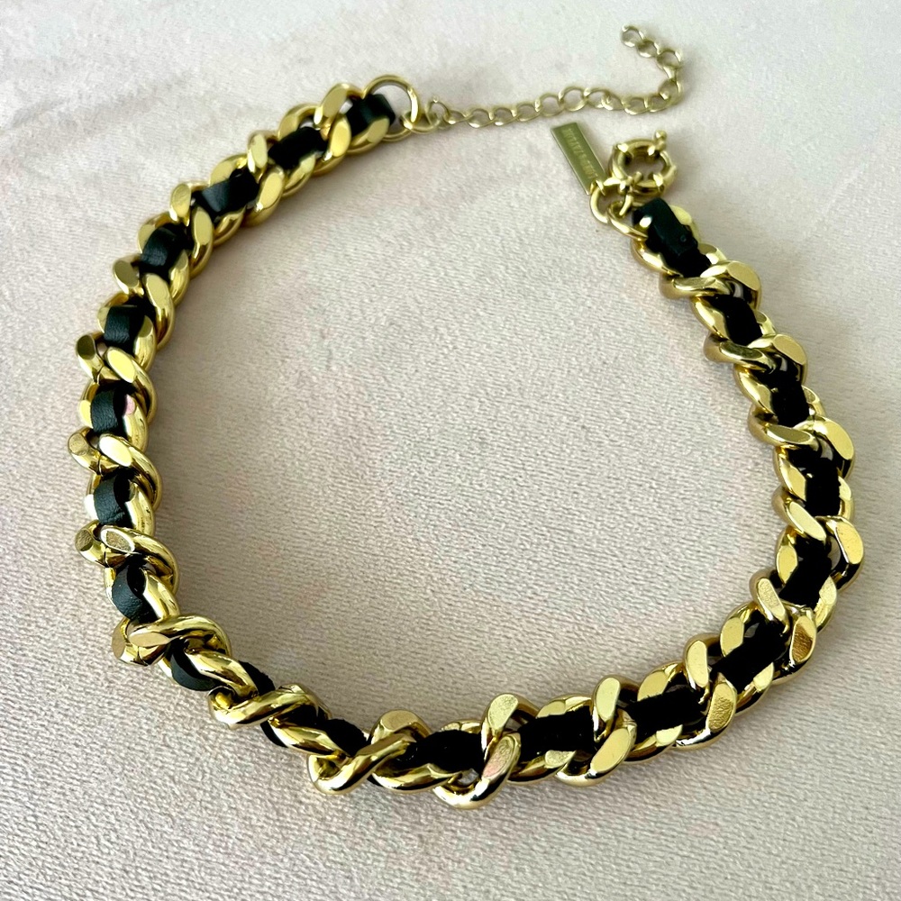Lord & Taylor fashion necklace metal and leather.